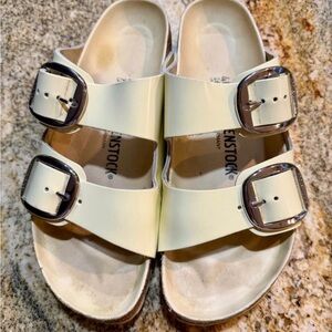 Birkenstock full leather  Cream Two-Strap Arizona Sandal with Silver Buckles